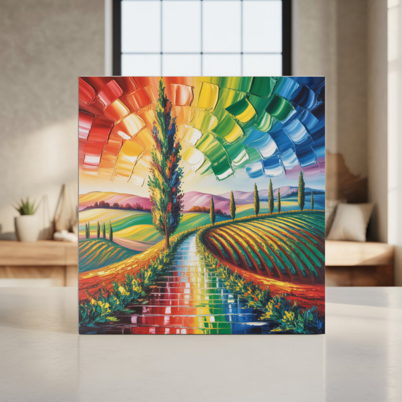 Italian Landscape Rainbow Art – Vibrant Tuscany Fields & Cypress Trees