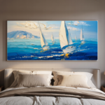Textured coastal seascape painting of white sailboats on a blue ocean, panoramic sailing wall art print
