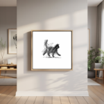 Minimalist black scribble line art illustration of a walking cat on a white background, modern cat wall art print
