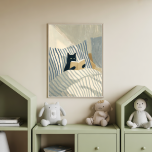Painterly illustration of a black cat reading a book in bed with blue striped bedding, cosy minimalist cat wall art print