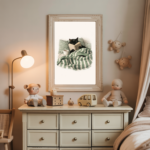 Cosy illustration of a black cat reading a book in bed with green striped bedding and a cup of tea, minimalist cat wall art print