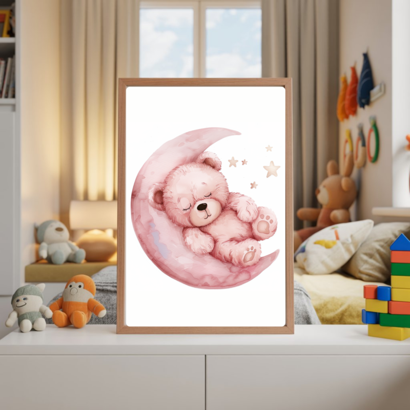Pink sleeping bear and moon wall art for girls nursery or kids bedroom, featuring a cute bear sleeping on a crescent moon, printable digital download.