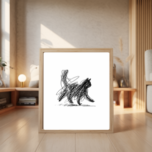 Minimalist black scribble line art illustration of a walking cat on a white background, modern cat wall art print