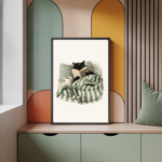 Cosy illustration of a black cat reading a book in bed with green striped bedding and a cup of tea, minimalist cat wall art print