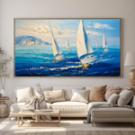 Textured coastal seascape painting of white sailboats on a blue ocean, panoramic sailing wall art print