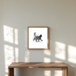 Minimalist black scribble line art illustration of a walking cat on a white background, modern cat wall art print