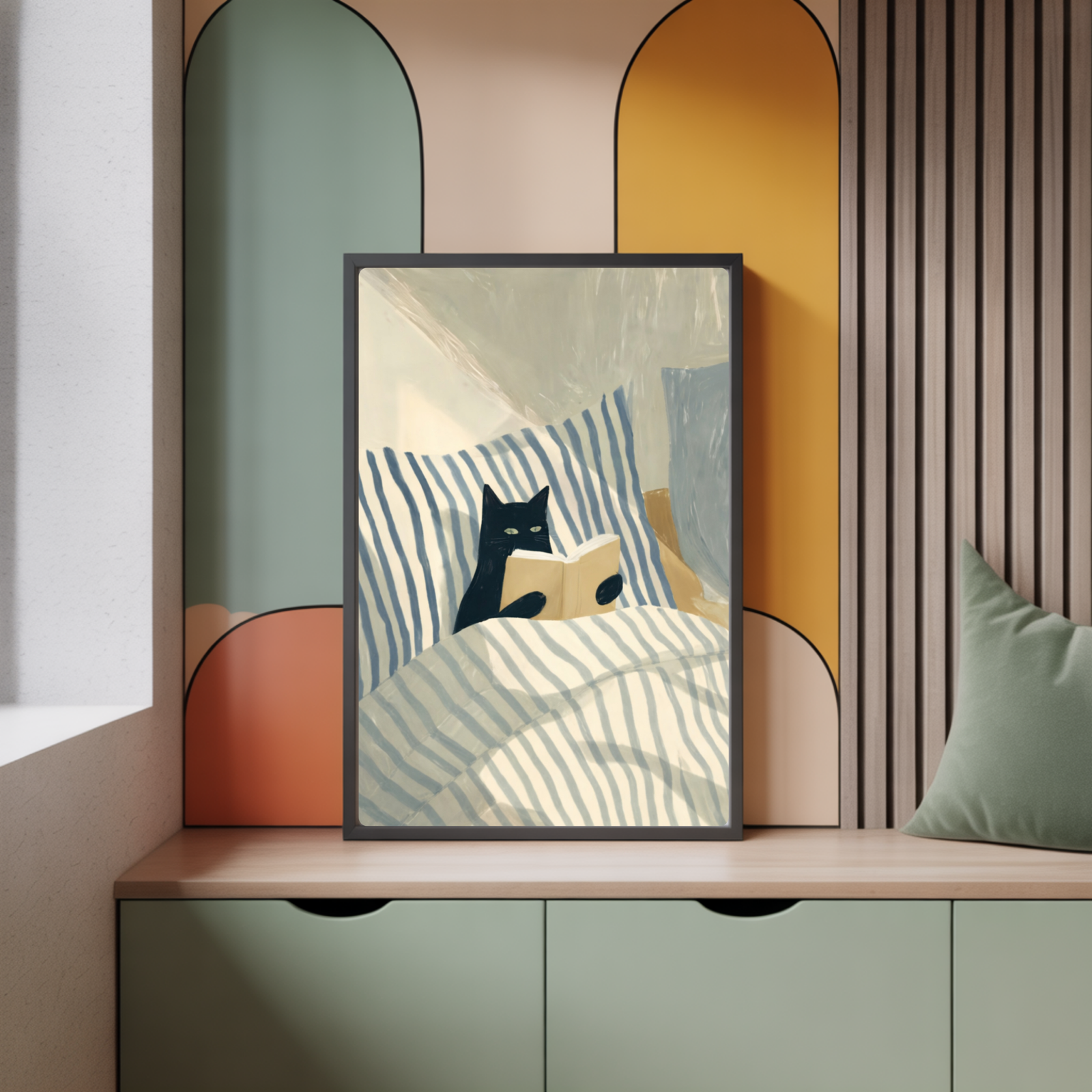 Painterly illustration of a black cat reading a book in bed with blue striped bedding, cosy minimalist cat wall art print