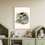 Cosy illustration of a black cat reading a book in bed with green striped bedding and a cup of tea, minimalist cat wall art print