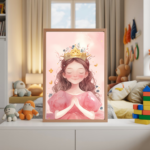 Pink princess girls wall art for nursery or kids bedroom, featuring a cute fairy-tale princess illustration in soft pink tones, printable digital download.