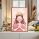 Pink princess girls wall art for nursery or kids bedroom, featuring a cute fairy-tale princess illustration in soft pink tones, printable digital download.