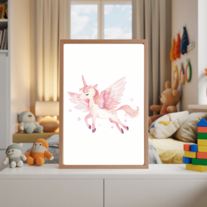 Pink flying unicorn wall art illustration for kids bedroom or nursery, featuring a cute magical unicorn floating in the sky, printable digital download.