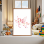 Pink flying unicorn wall art illustration for kids bedroom or nursery, featuring a cute magical unicorn floating in the sky, printable digital download.