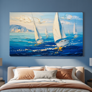 Textured coastal seascape painting of white sailboats on a blue ocean, panoramic sailing wall art print