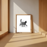 Minimalist black scribble line art illustration of a walking cat on a white background, modern cat wall art print