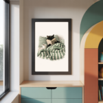 Cosy illustration of a black cat reading a book in bed with green striped bedding and a cup of tea, minimalist cat wall art print