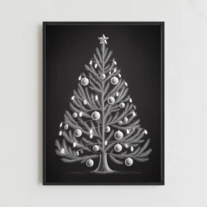 White Chalk Christmas Tree Art on Black – Modern Chalkboard Holiday Print