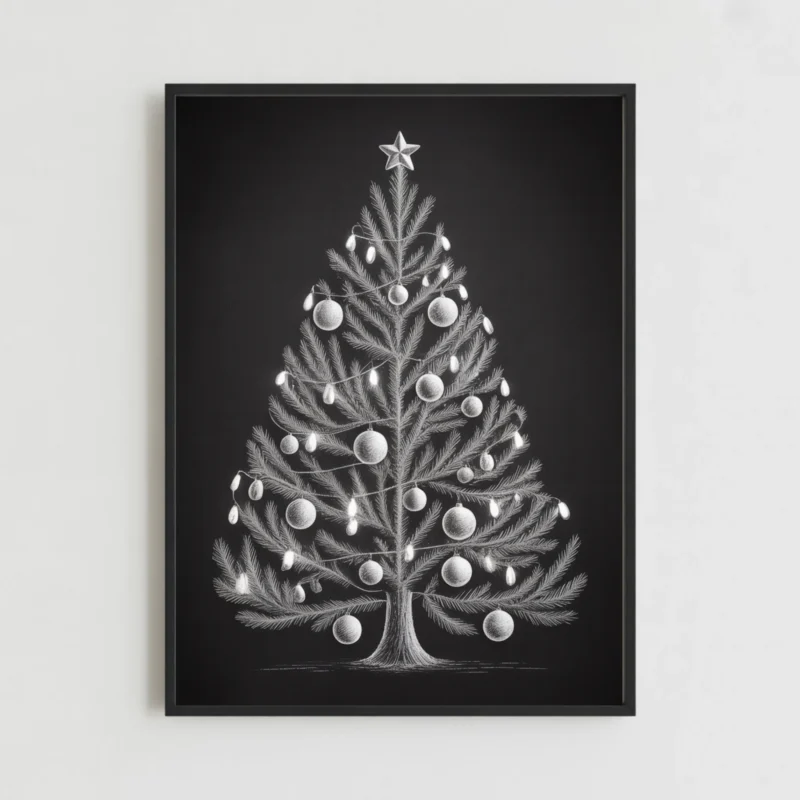 White Chalk Christmas Tree Art on Black – Modern Chalkboard Holiday Print