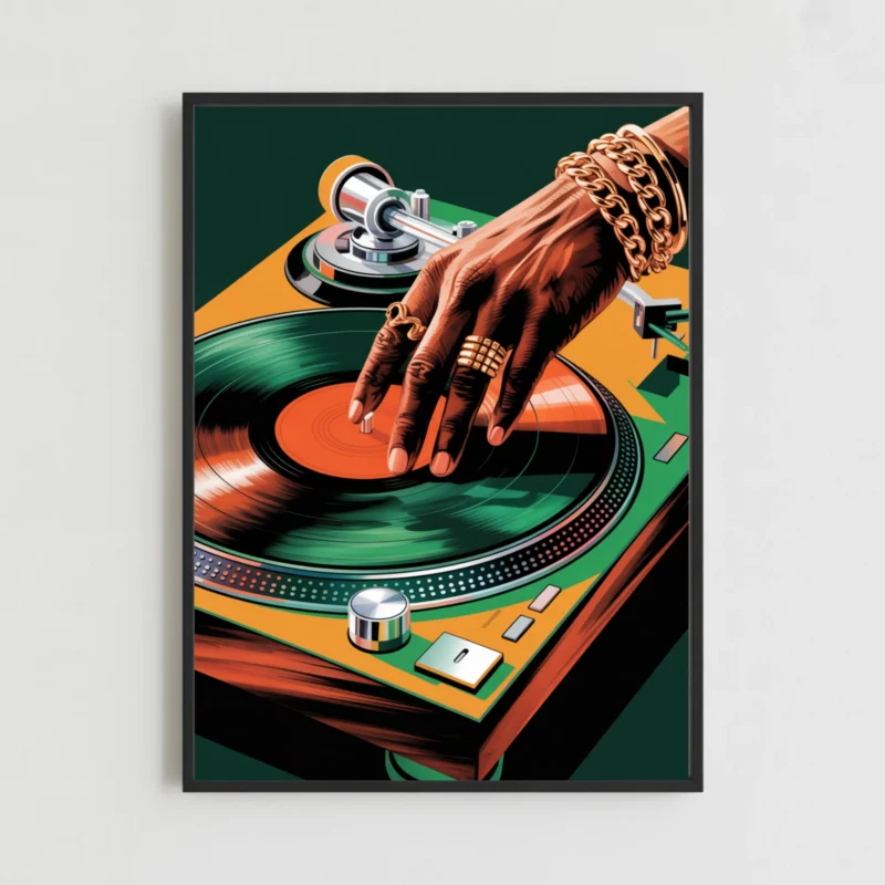 Vintage DJ Turntable Wall Art – Retro Vinyl Record Scratch Illustration Print