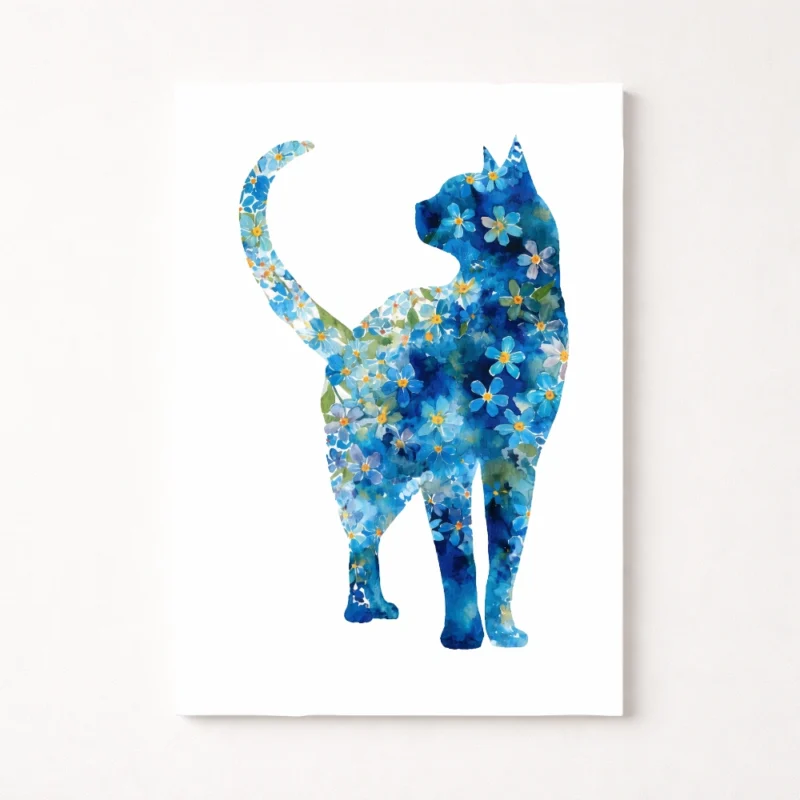 Blue Floral Cat Wall Art featuring watercolor botanical cat silhouette with blue flowers in 3:4 portrait printable format