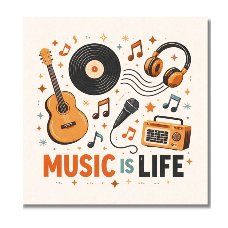 Music Is Life Wall Art featuring vinyl record guitar headphones and microphone design Title