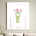 Pink Tulip Wall Art with green striped vase and heart border – modern floral digital print