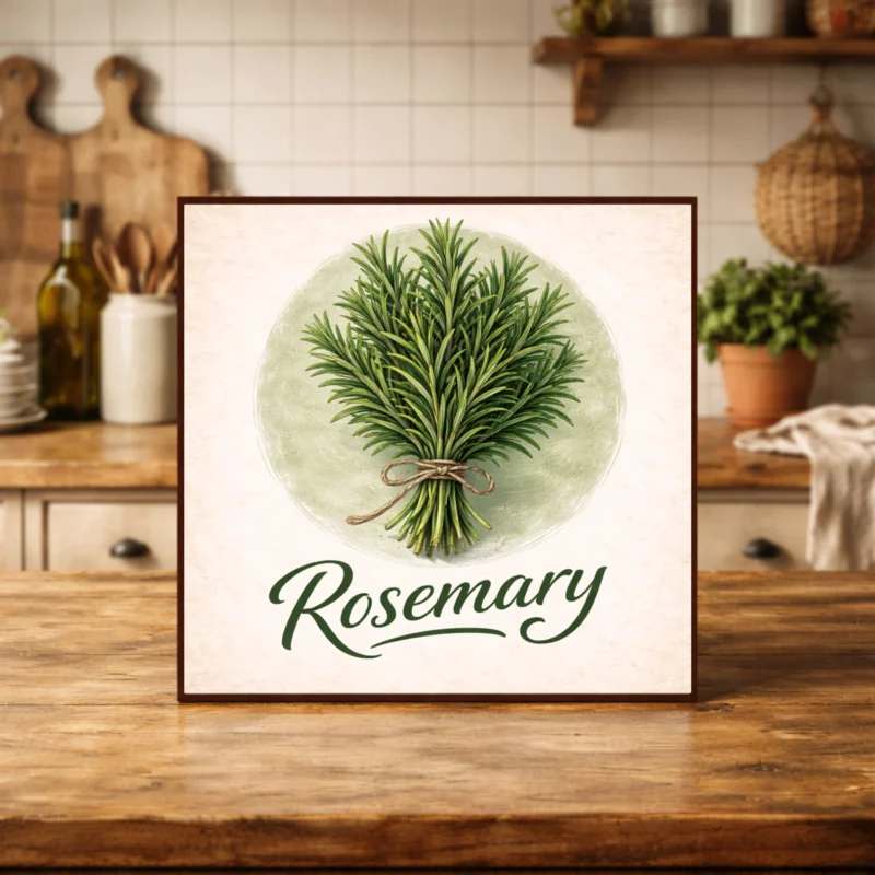 Rosemary Country Kitchen Wall Art vintage botanical herb illustration with handwritten script