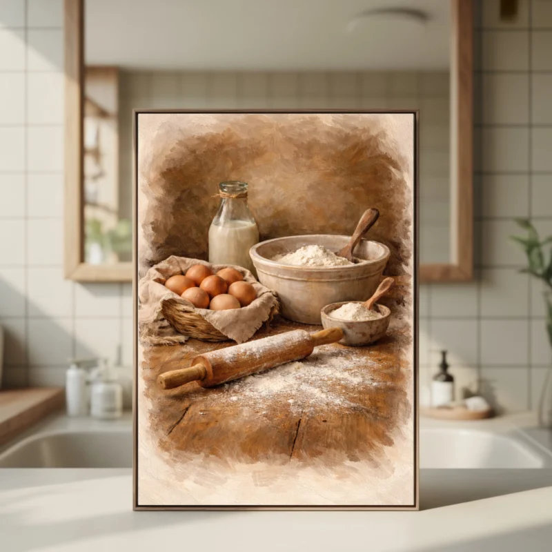 Rustic kitchen print featuring vintage farmhouse baking still life with textured oil brush strokes