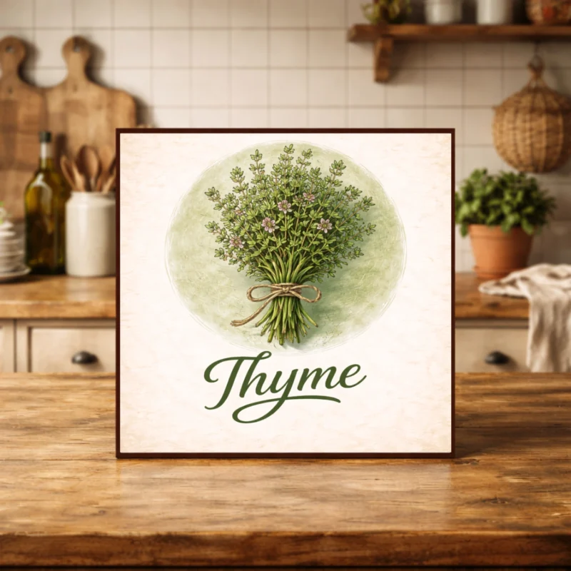 Thyme Kitchen Wall Art vintage botanical herb illustration with handwritten script