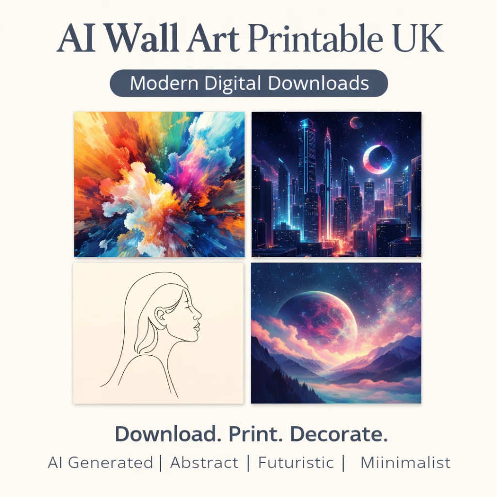 AI Wall Art Printable UK – Modern Digital Downloads AI wall art printable UK featuring modern abstract, futuristic cityscape and minimalist digital designs for instant download