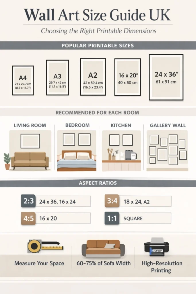 Wall art size guide UK infographic showing printable wall art dimensions A4, A3, A2 and 24x36 for living room and bedroom
