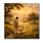 Jesus Loves Me Digital Wall Art showing Jesus walking with a lamb in a peaceful countryside scene
