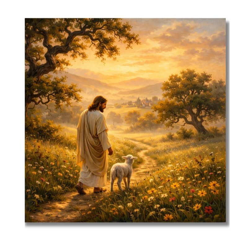 Jesus Loves Me Digital Wall Art showing Jesus walking with a lamb in a peaceful countryside scene