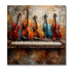 Violins and Piano Digital Wall Art featuring colourful violins standing on a piano keyboard painting