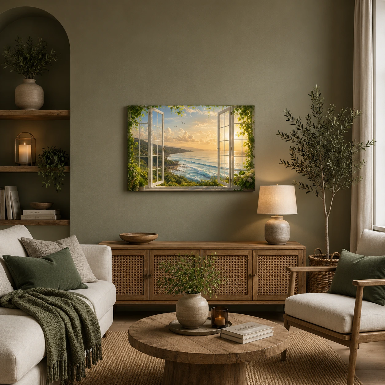 Ocean view canvas wall art displayed in a luxury living room with coastal inspired interior styling