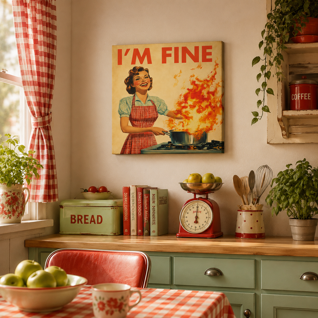Funny kitchen canvas wall art displayed on a modern kitchen wall with vintage retro style