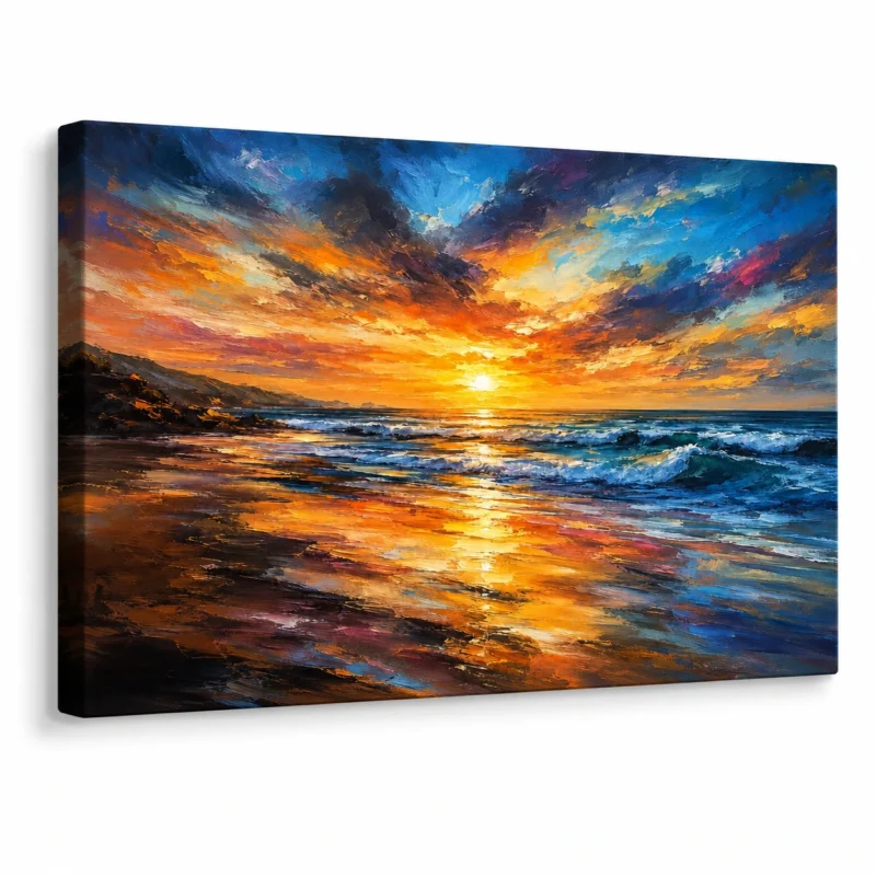 Sunset seascape canvas wall art displayed on a modern wall in a luxury home interior