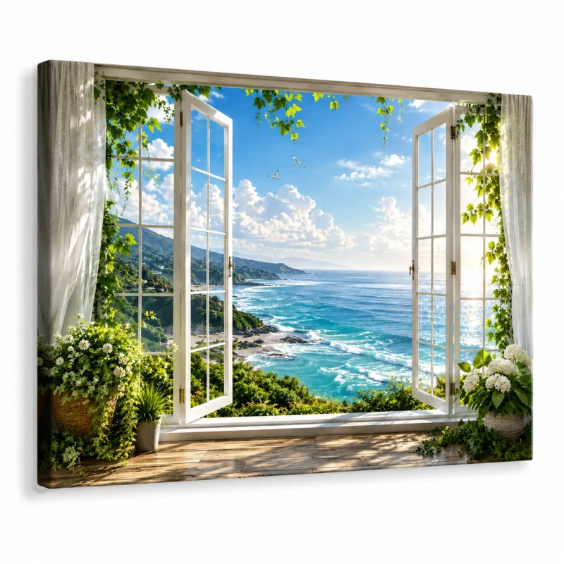 Ocean view canvas wall art displayed in a luxury living room with coastal inspired interior styling