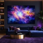 Large Big Bang canvas art displayed in a modern purple living room