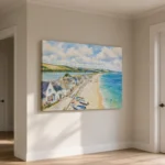 Devon coastal wall art displayed on a landscape canvas in a light hallway