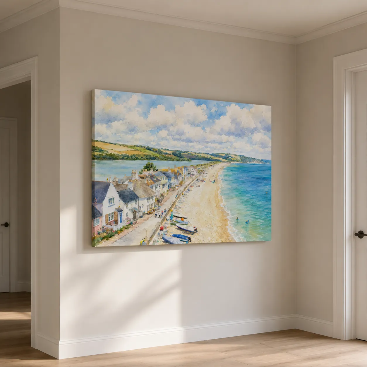 Devon coastal wall art displayed on a landscape canvas in a light hallway
