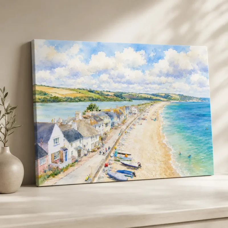 Devon seaside beach wall art in a light watercolour coastal style