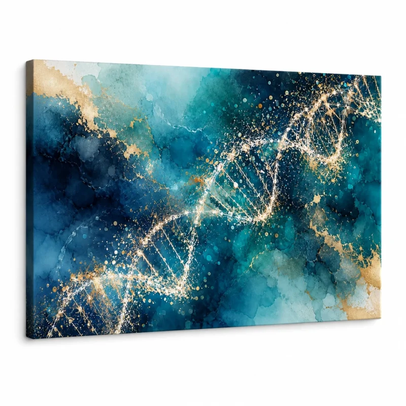DNA wall art with an abstract teal and gold double helix design