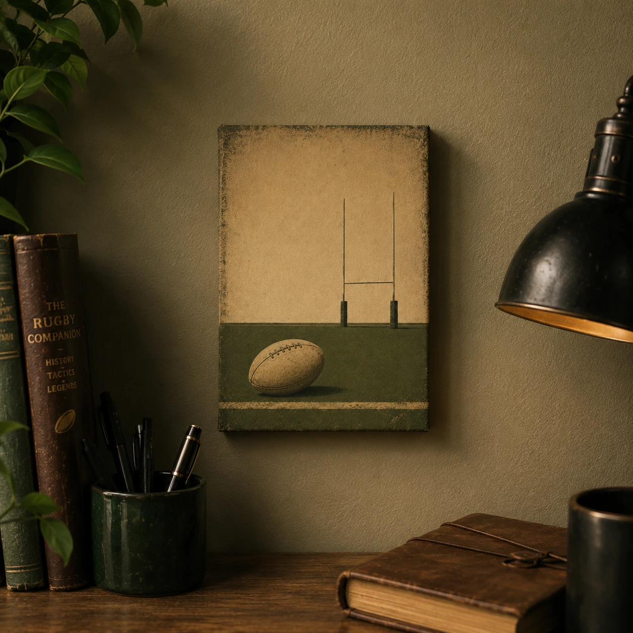 Minimalist rugby canvas print displayed on a warm green study wall with vintage sports decor