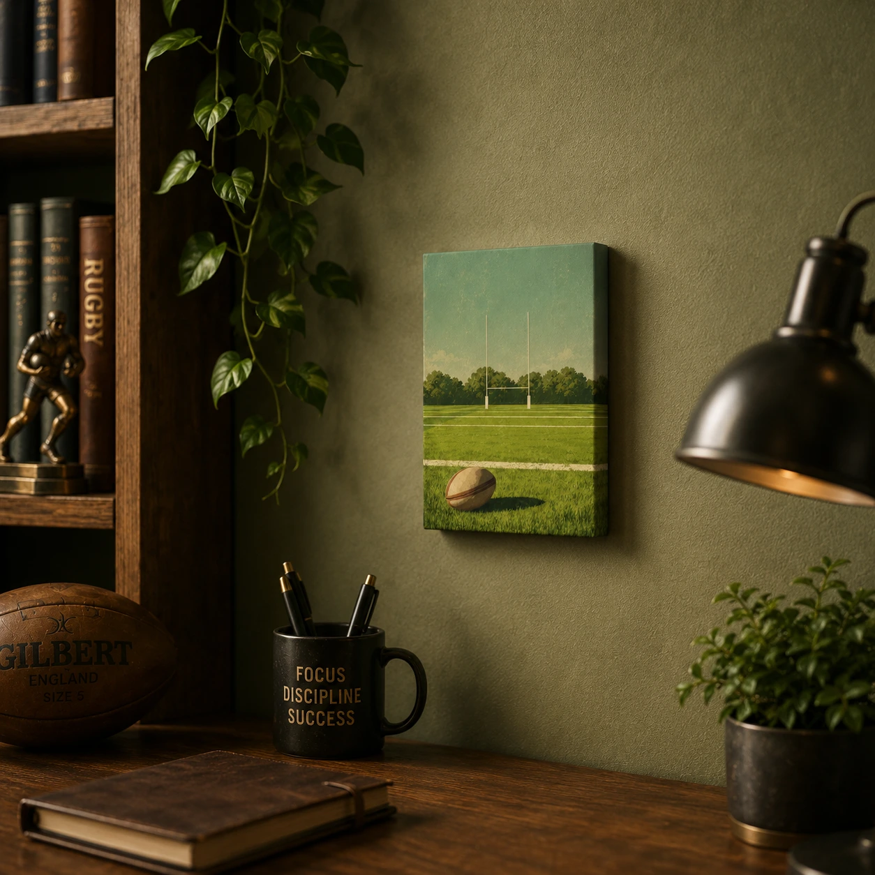 Rugby canvas wall art displayed on a green wall in a warm study room with sports decor