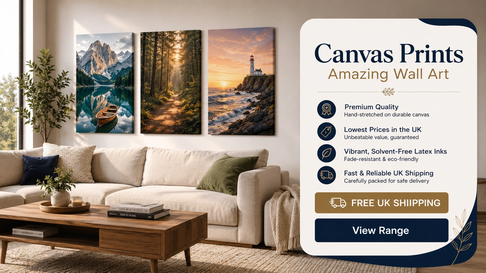 Premium canvas prints displayed in a modern living room with free UK shipping