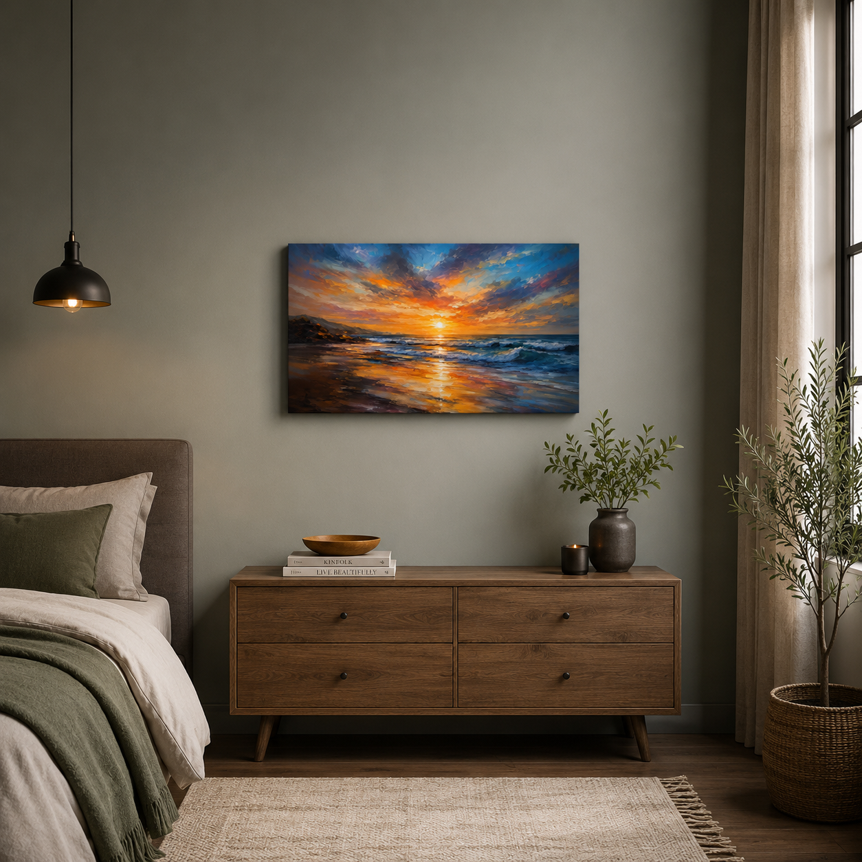 Sunset seascape canvas wall art displayed on a modern wall in a luxury home interior