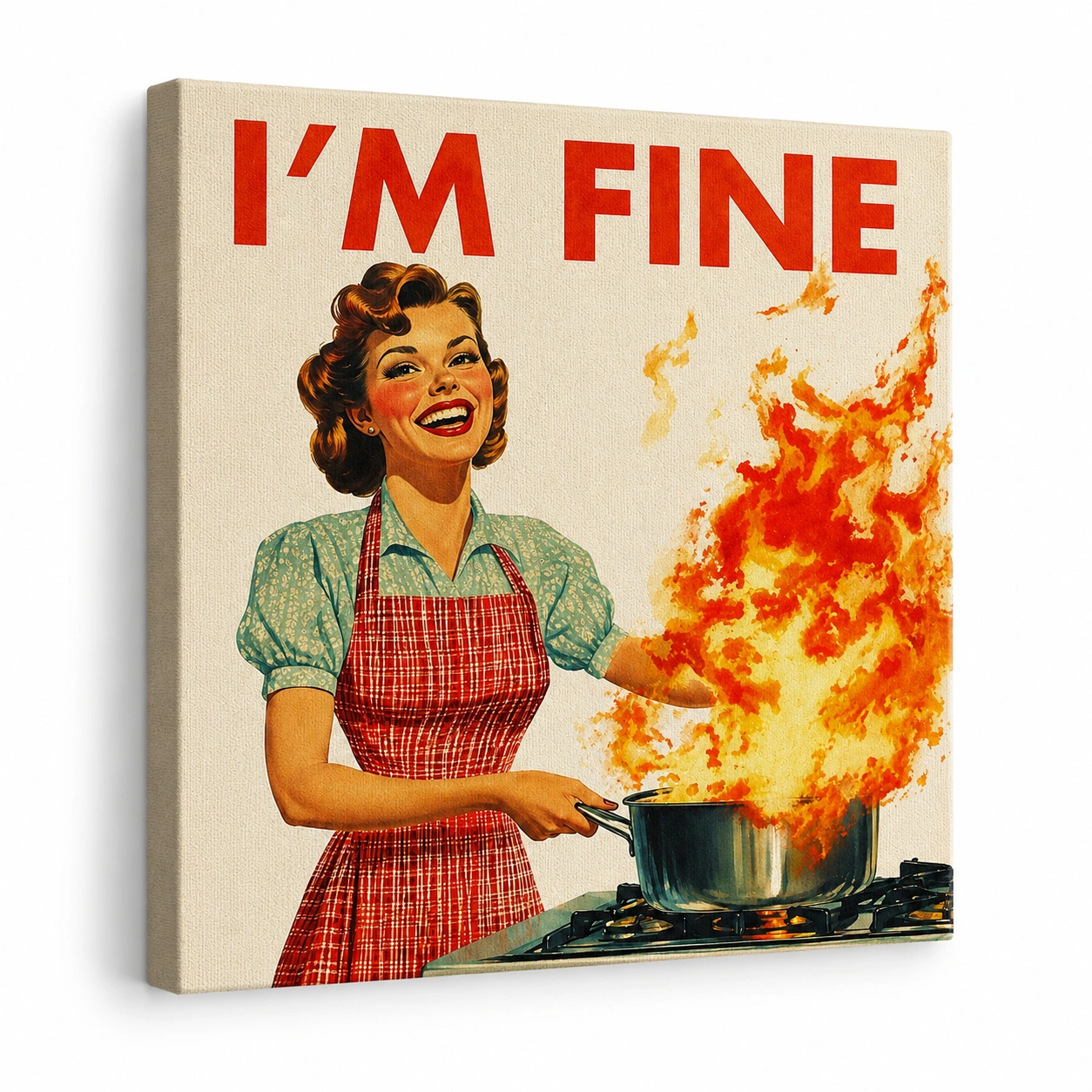 Funny kitchen canvas wall art displayed on a modern kitchen wall with vintage retro style